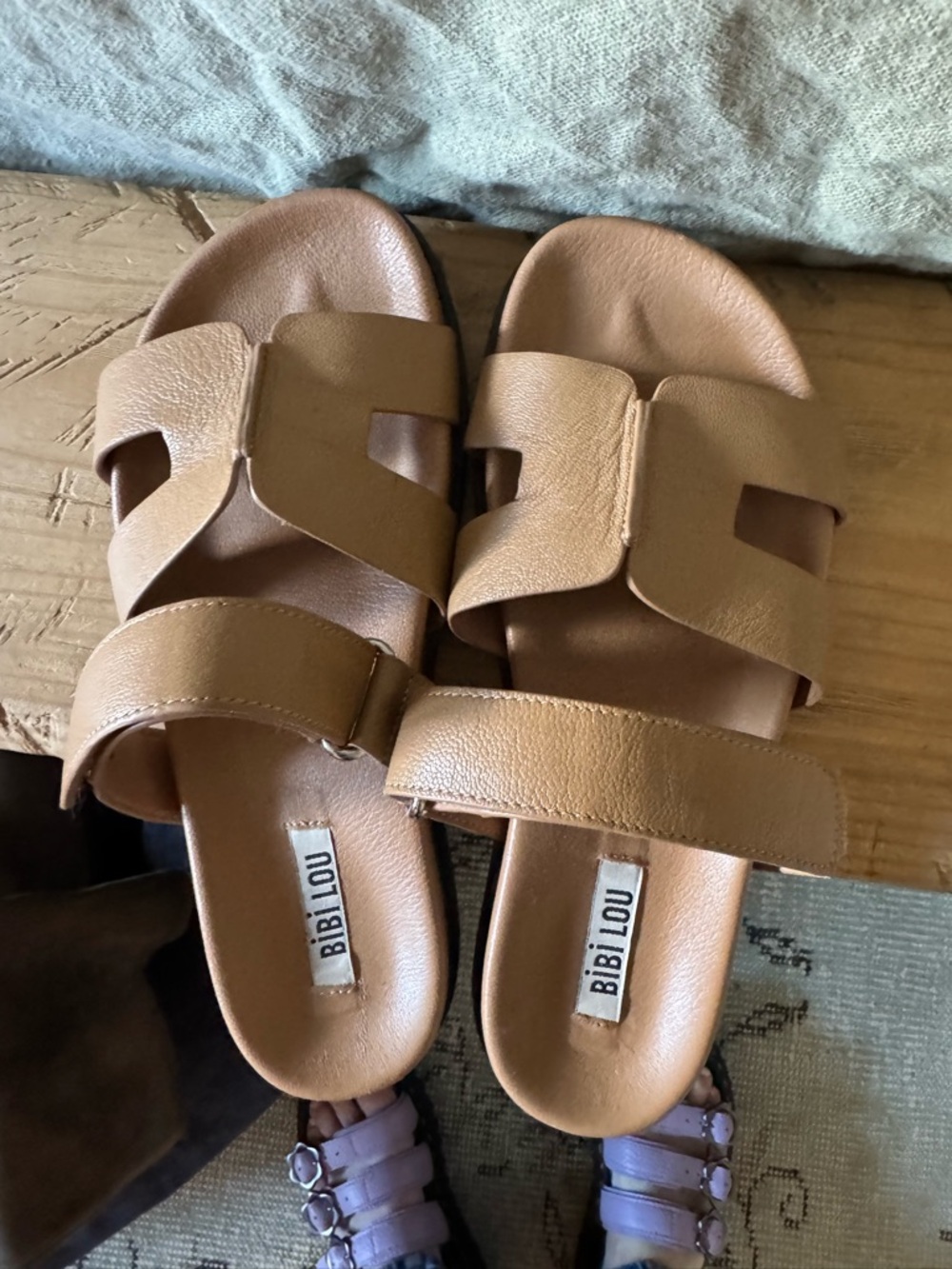 Bibi Lou Tan Leather Double-Strap Slide Sandals